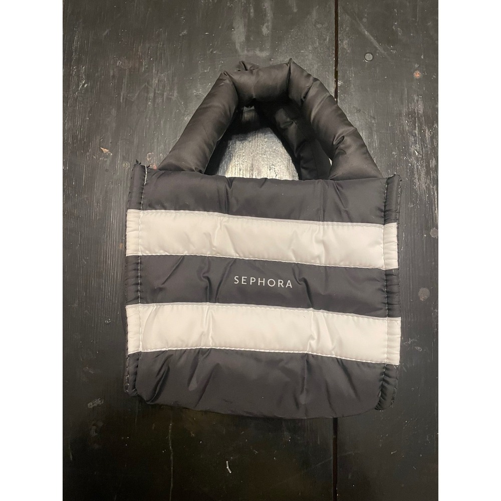 Sephora Mini Puffer Tote Bag Black White Striped Quilted Padded Handbag Small